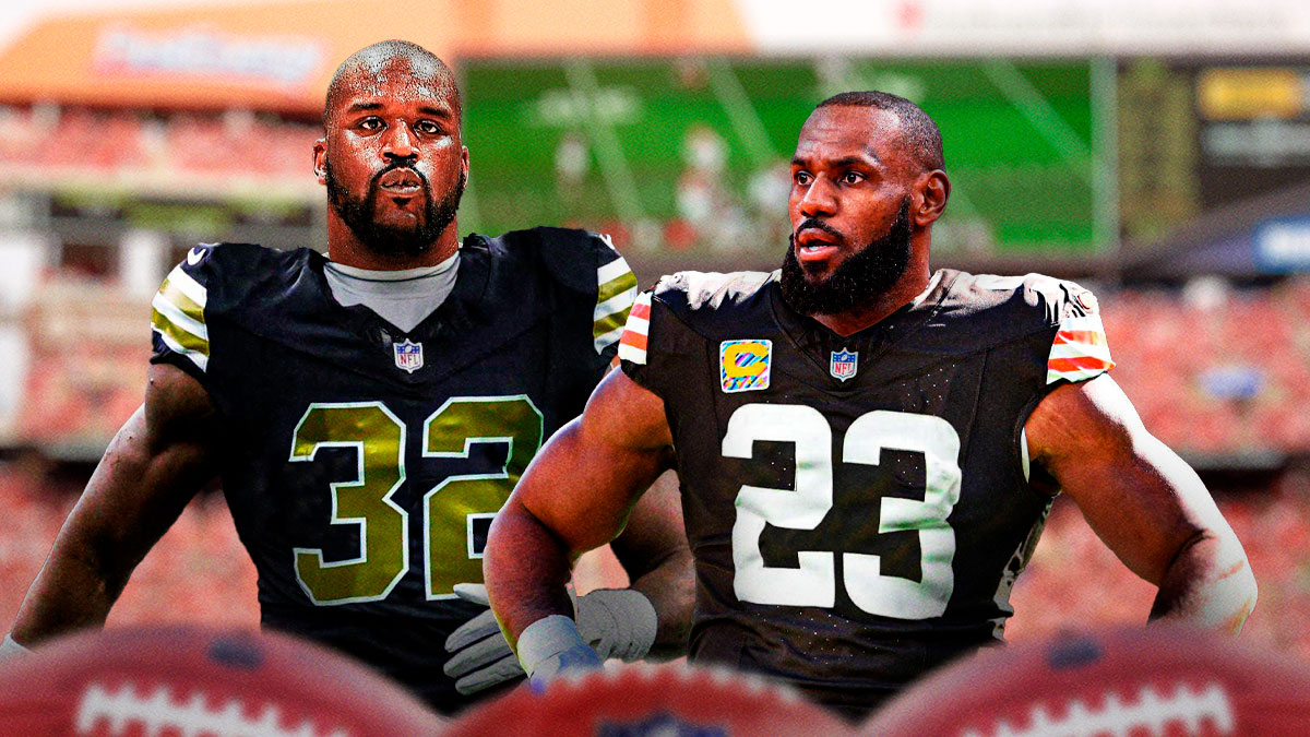 Shaquille O'Neal and LeBron James in NFL uniforms.