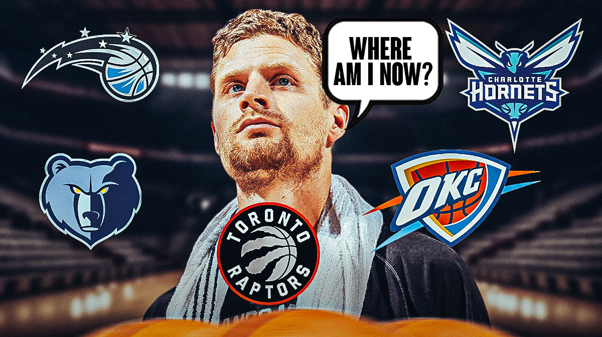 Luke Ridnour surrounded by logos of teams he was on over a matter of a few days.