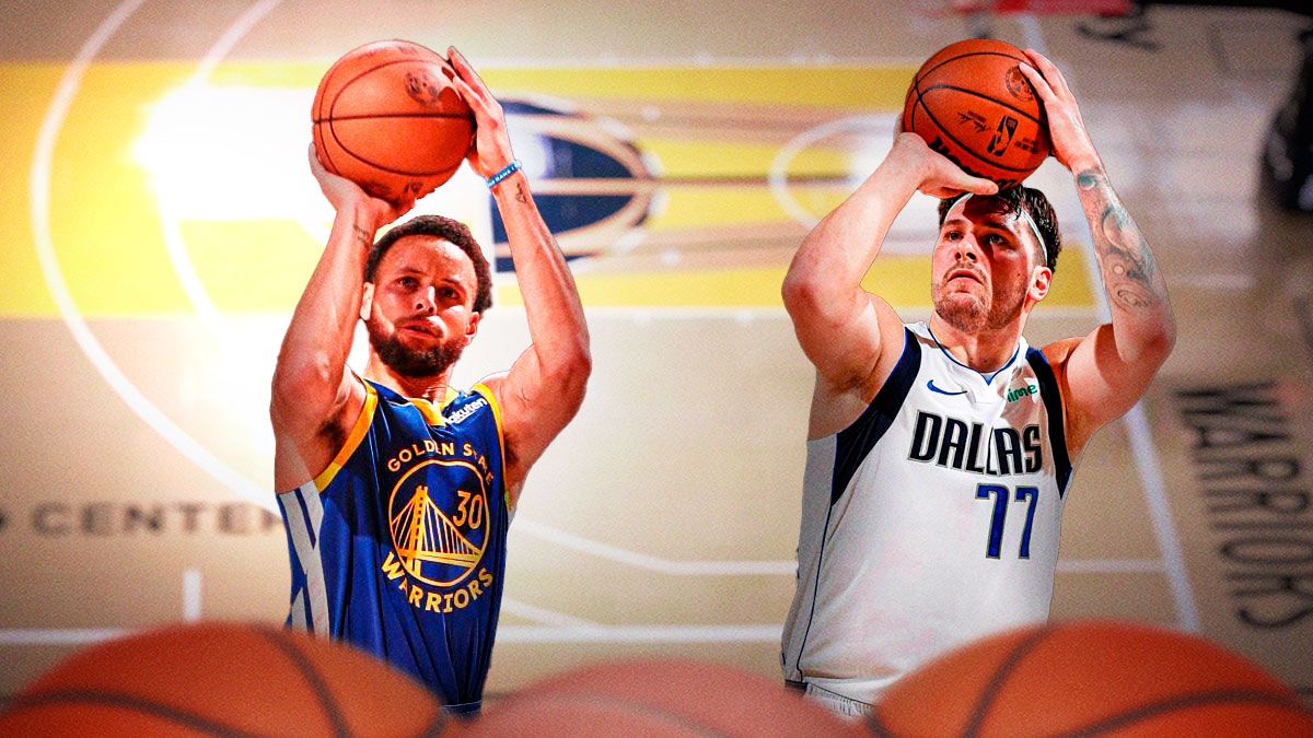 Stephen Curry and Luka Doncic shooting the basketball.