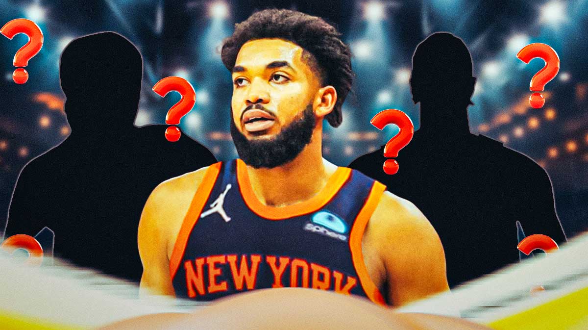 Two silhouetted Timberwolves players next to Karl-Anthony Towns in a Knicks jersey surrounded by question marks.