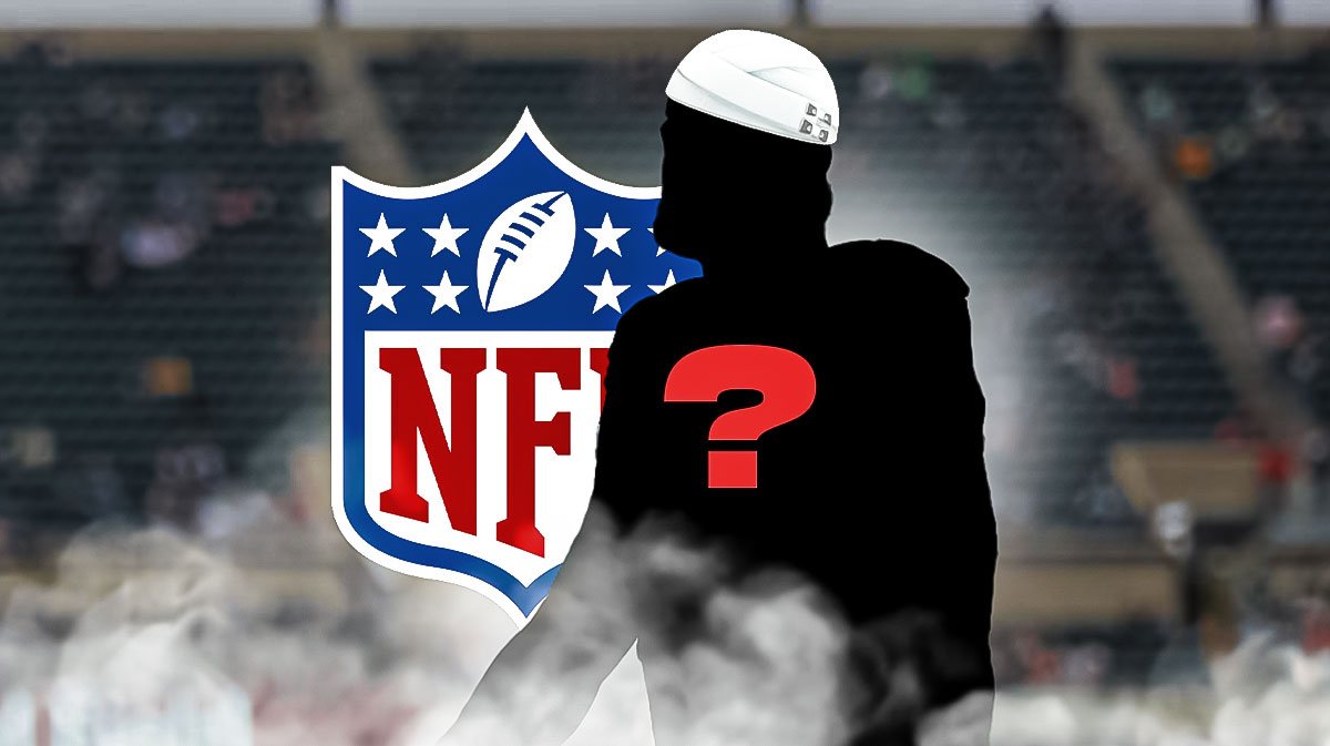 Blacked out silhouette of a NFL player with a question mark on his chest and bandages wrapped around head next to an NFL logo