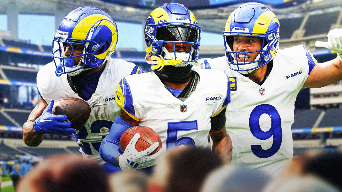 Kyren Williams, Tutu Atwell, and Matthew Stafford in front of SoFi Stadium