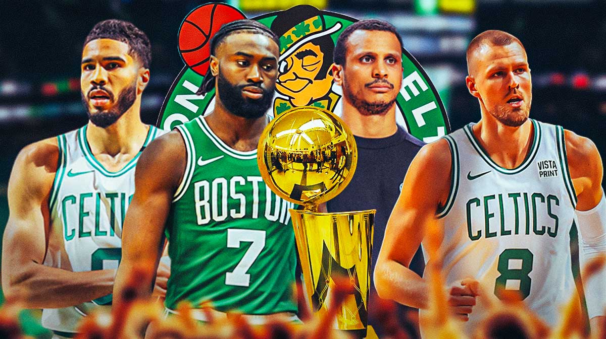 Jayson Tatum, Jaylen Brown, Joe Mazzulla and Kristaps Porzingis all in image, NBA championship trophy, Boston Celtics logo, basketball court in background