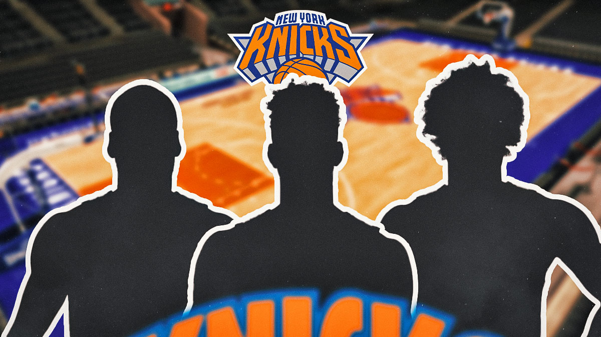 3 silhouetted New York Knicks players (all different players), New York Knicks logo, basketball court in background