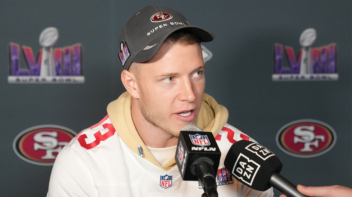 San Francisco 49ers running back Christian McCaffrey (23) during a press conference before Super Bowl LVIII at Hilton Lake Las Vegas Resort and Spa. 