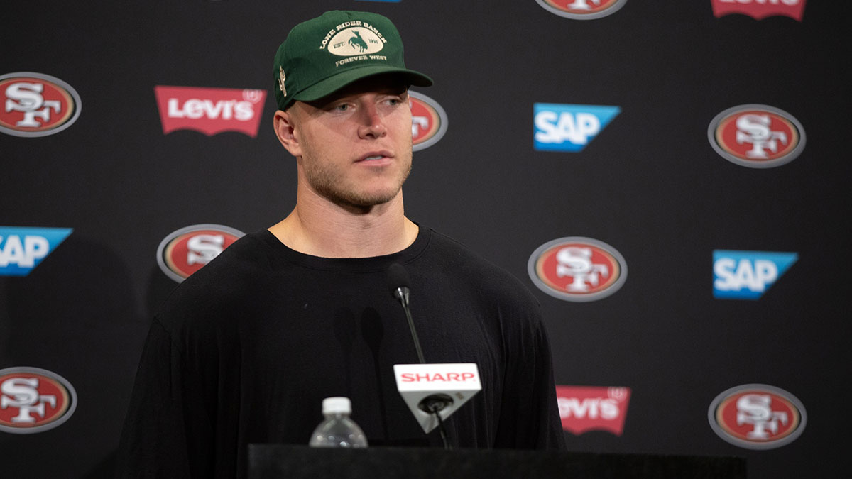 San Francisco 49ers running back Christian McCaffrey answers questions at a press conference following Day 3 of training camp at SAP Performance Facility. 