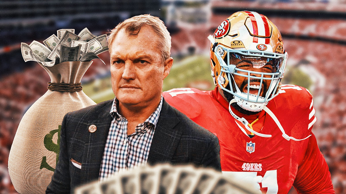 49ers' John Lynch in front of a money bag and Trent Williams