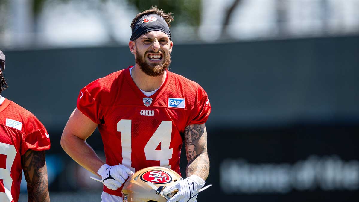 San Francisco 49ers wide receiver Ricky Pearsall (14) smiles during the 49ers rookie minicamp at Levi’s Stadium in Santa Clara, CA.