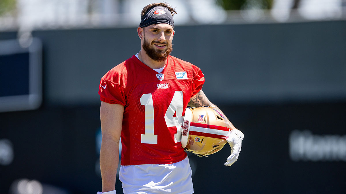 San Francisco 49ers wide receiver Ricky Pearsall (14) smiles during the 49ers rookie minicamp at Levi’s Stadium in Santa Clara, CA.