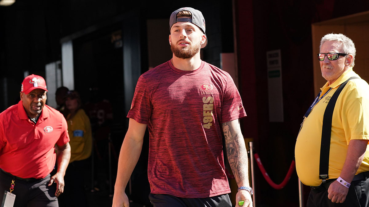 San Francisco 49ers wide receiver Ricky Pearsall (14) enters the field before a game against the New York Jets at Levi's Stadium.