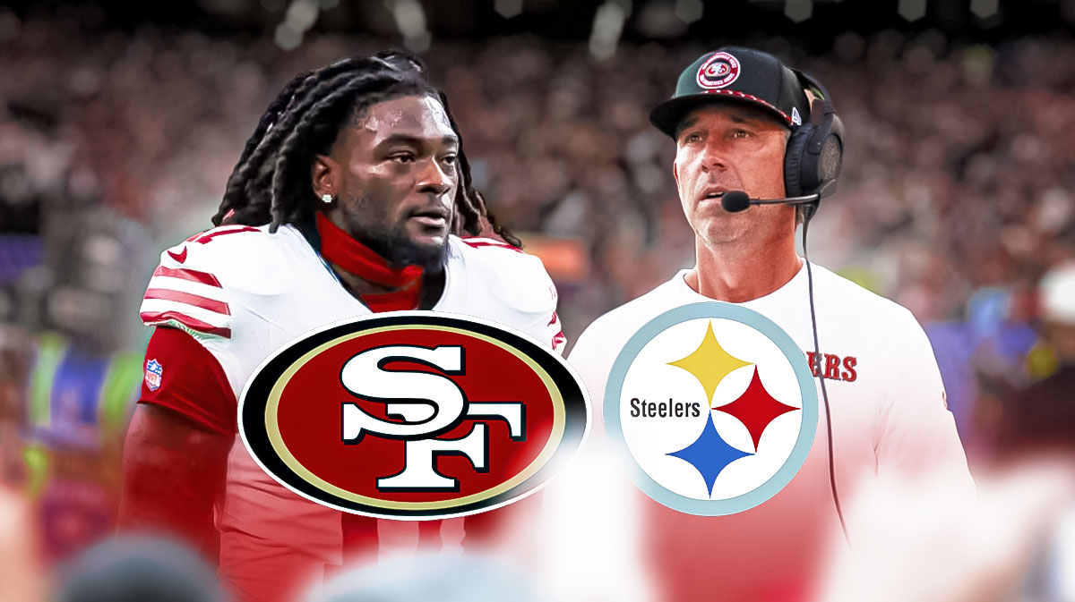 San Francisco 49ers WR Brandon Aiyuk with head coach Kyle Shanahan. There is also a logo for the San Francisco 49ers and Pittsburgh Steelers.