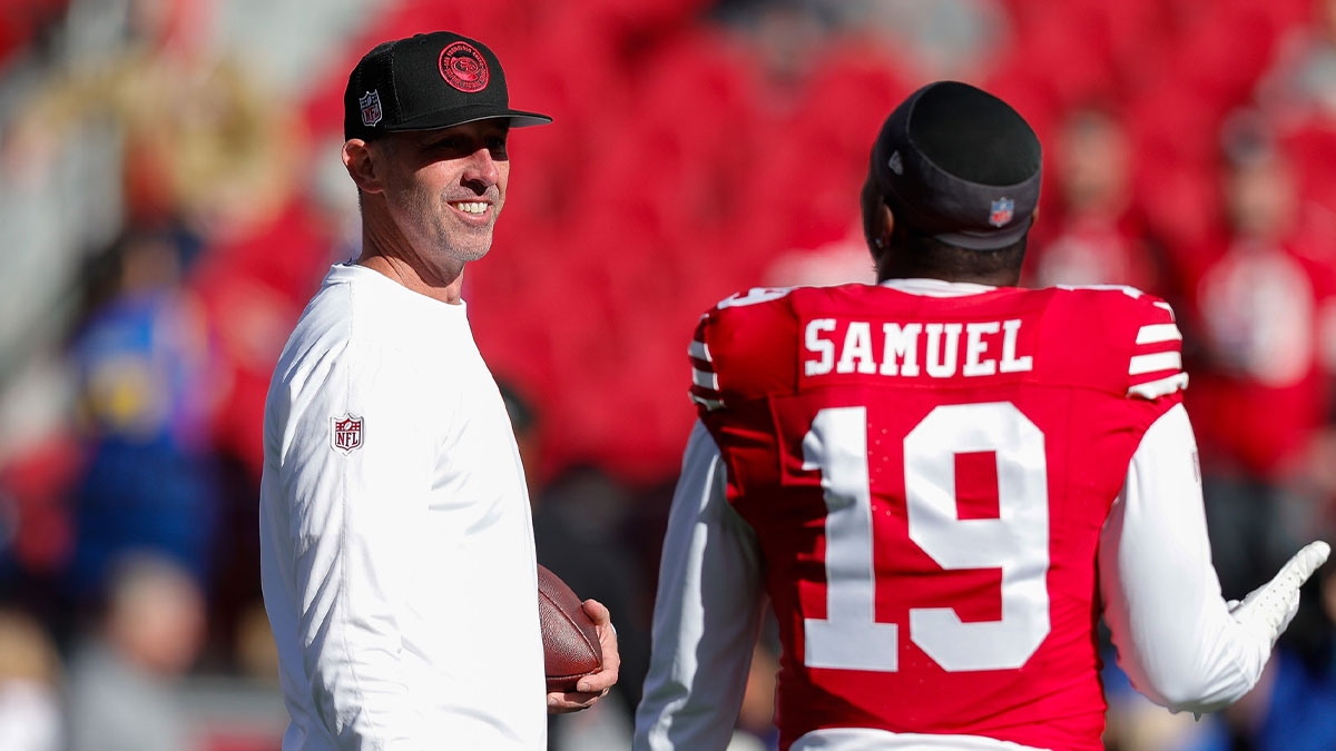 San Francisco 49ers head coach Kyle Shanahan and wide receiver Deebo Samuel (19) before the game against the Los Angeles Rams at Levi's Stadium. 