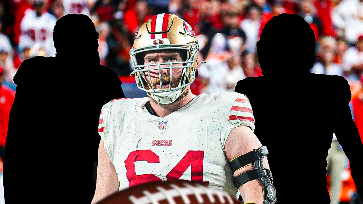 49ers Jake Brendel center with a raised hand, next to a silhouette of Brandon Aiyuk and Leonard Floyd