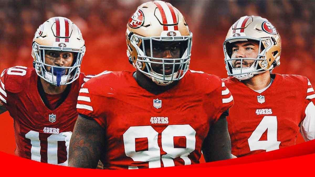 Ronnie Bell, Javon Hargrave, and Jake Moody in their 49ers uniforms in front of SoFi Stadium. Brandon Aiyuk