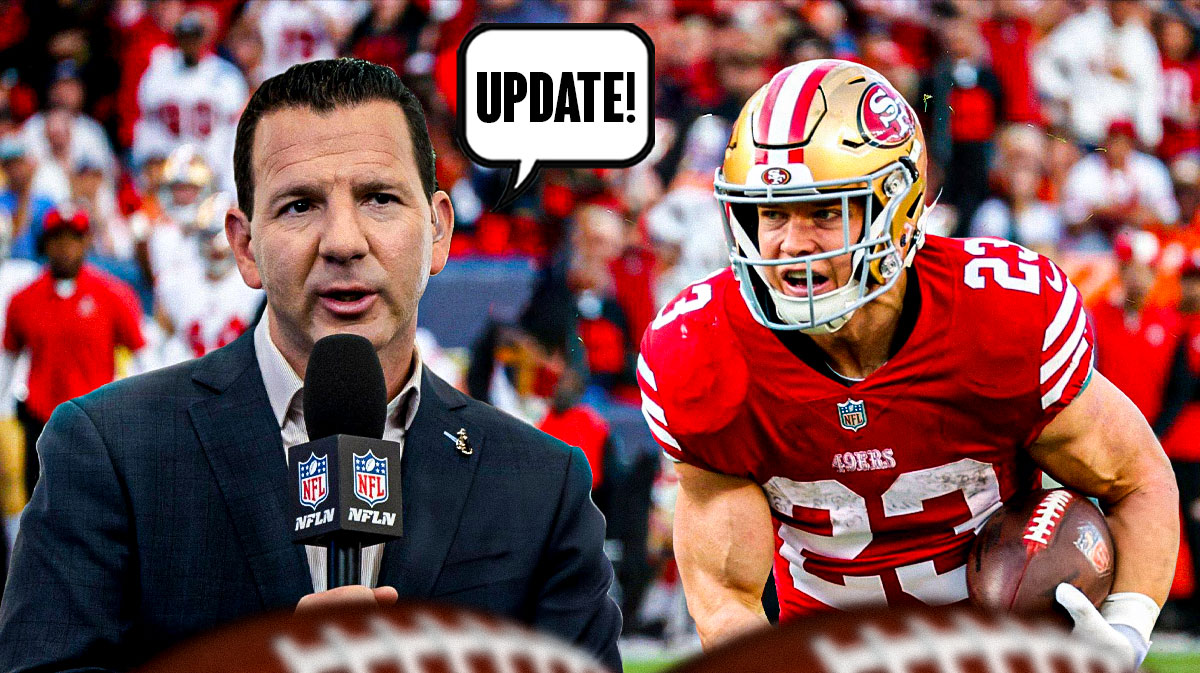 Ian Rapoport on left saying the following: UPDATE! 49ers Christian McCaffrey on right running with a football.