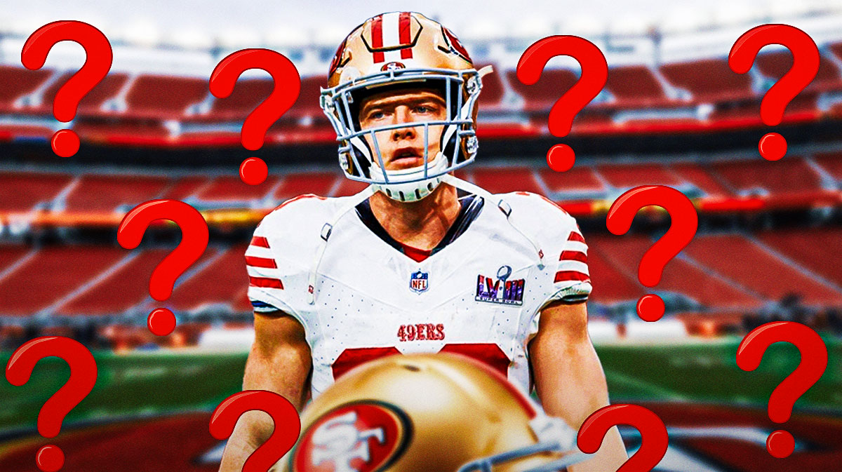 Christian McCaffrey surrounded by question marks with a 49ers-themed bg.