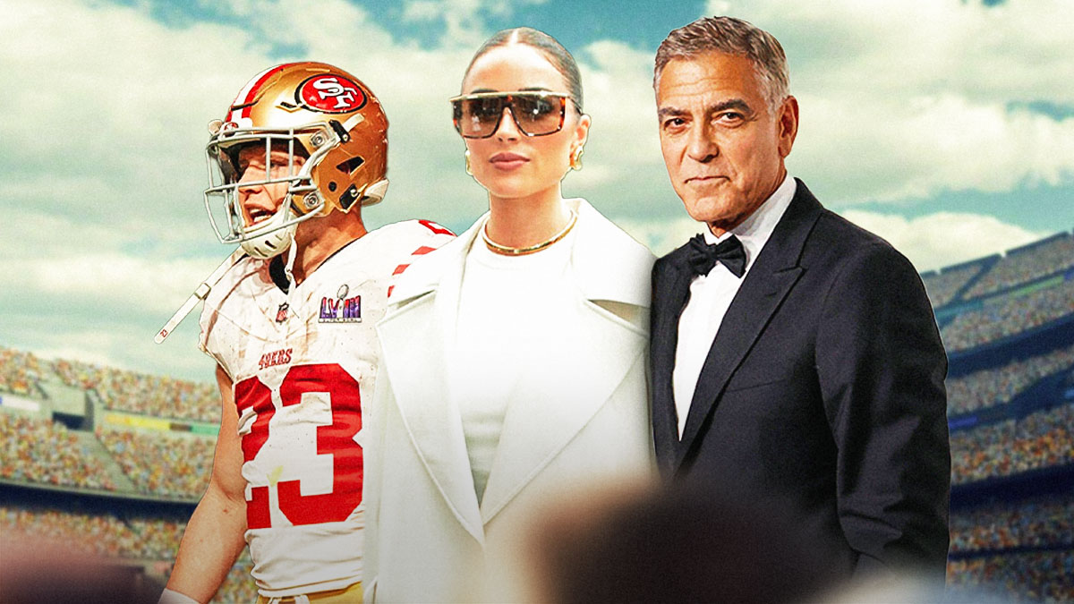 49ers' Christian McCaffrey with wife Olivia Culpo next to George Clooney
