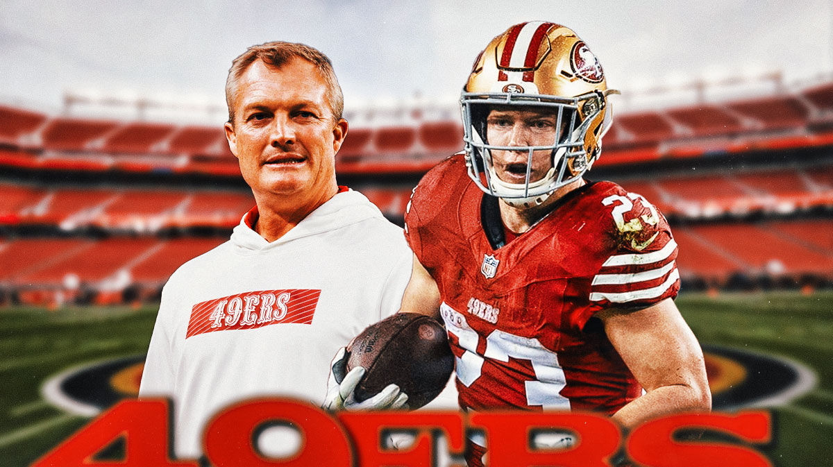 San Franciso 49ers general manager John Lynch and Christian McCaffrey in front of Levi's Stadium.