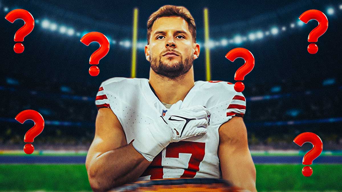Nick Bosa in 49ers jersey with question marks surrounding him.