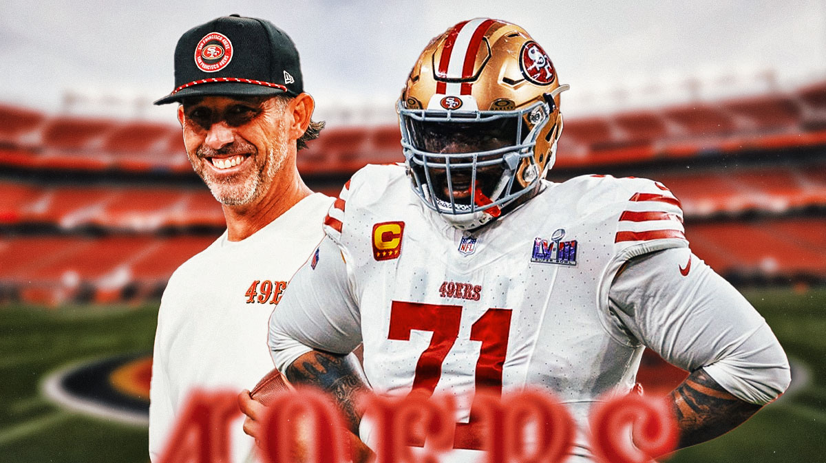 San Francisco 49ers head coach Kyle Shanahan and Trent Williams in front of Levi's Stadium.