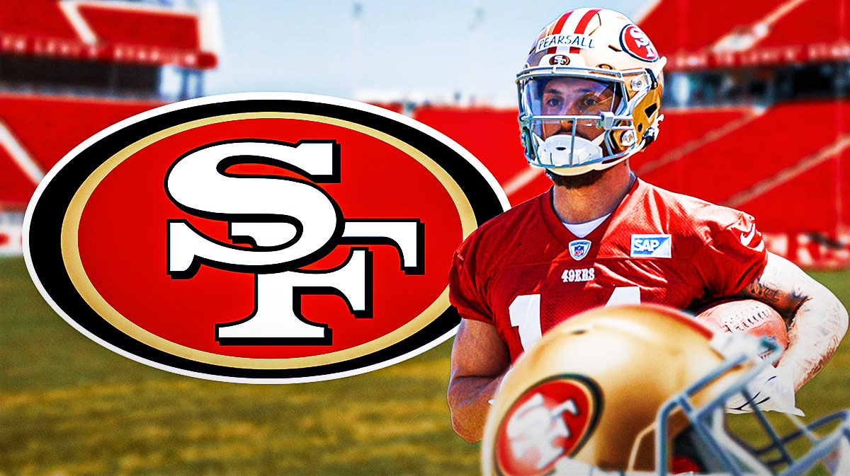 San Francisco 49ers wide receiver Ricky Pearsall on right side, San Francisco 49ers logo on left side, Levi's Stadium (home stadium of the San Francisco 49ers) in background