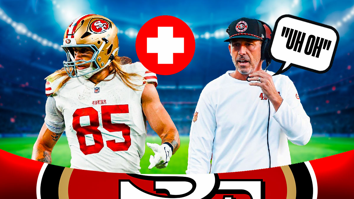 George Kittle on one side with an injury kit in front of him, Kyle Shanahan on the other side with a speech bubble that says "Uh oh"