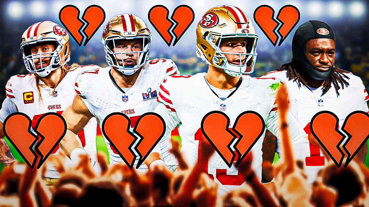 Brock Purdy in a 49ers jersey, Brandon Aiyuk in a 49ers jersey, Nick Bosa in a 49ers jersey, and George Kittle in a 49ers jersey, with heartbreak emojis around them.