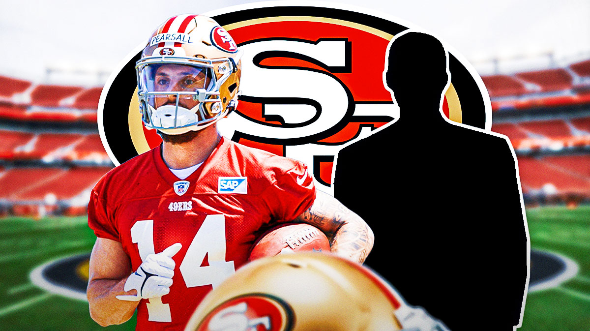 San Francisco 49ers wide receiver Ricky Pearsall next to a silhouette of a man. There is also a logo for the San Francisco 49ers.