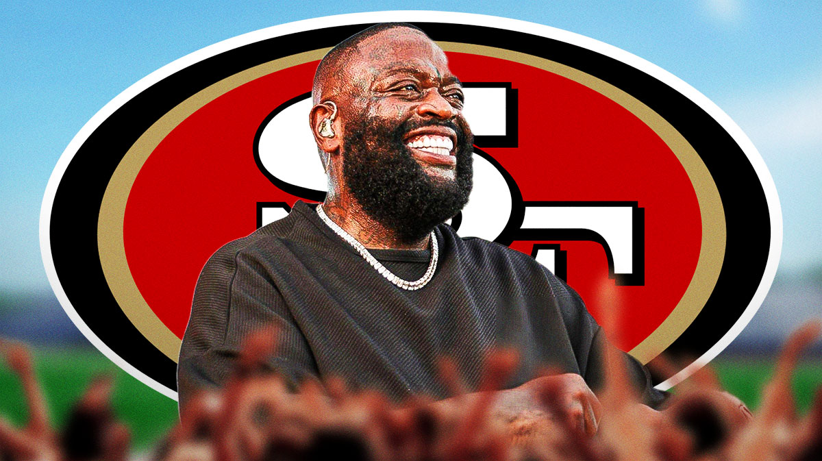 Rick Ross smiles next to 49ers logo