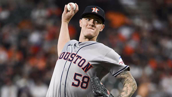 Houston Astros starting pitcher Hunter Brown (58) throws a third inning pitch against the Baltimore Orioles at Oriole Park at Camden Yards.