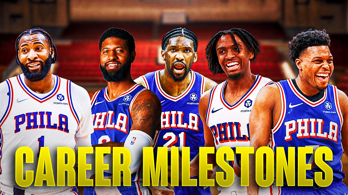 76ers' Andre Drummond, Paul George, Joel Embiid, Tyrese Maxey and Kyle Lowry in front of a caption that reads "career milestones"