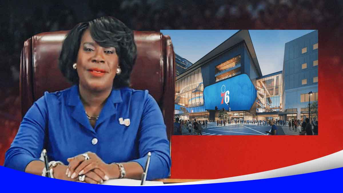 Philadelphia Mayor Cherelle Parker next to a rendering of the 76ers' new arena
