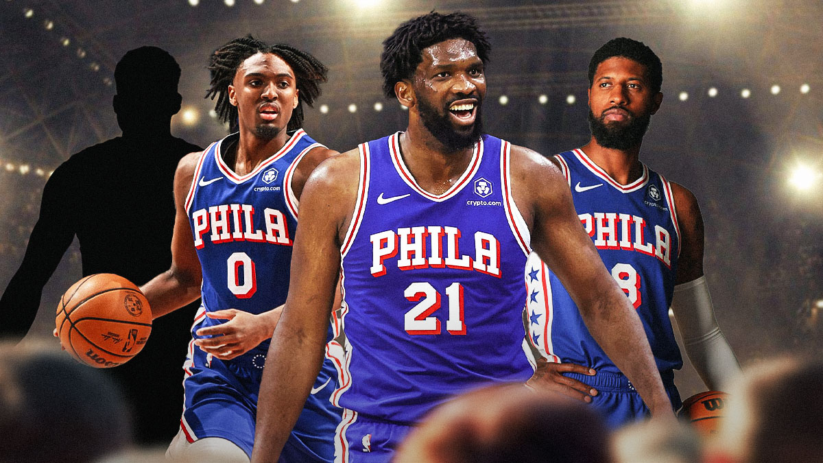 76ers' Tyrese Maxey, Joel Embiid and Paul George with a silhouette of a player