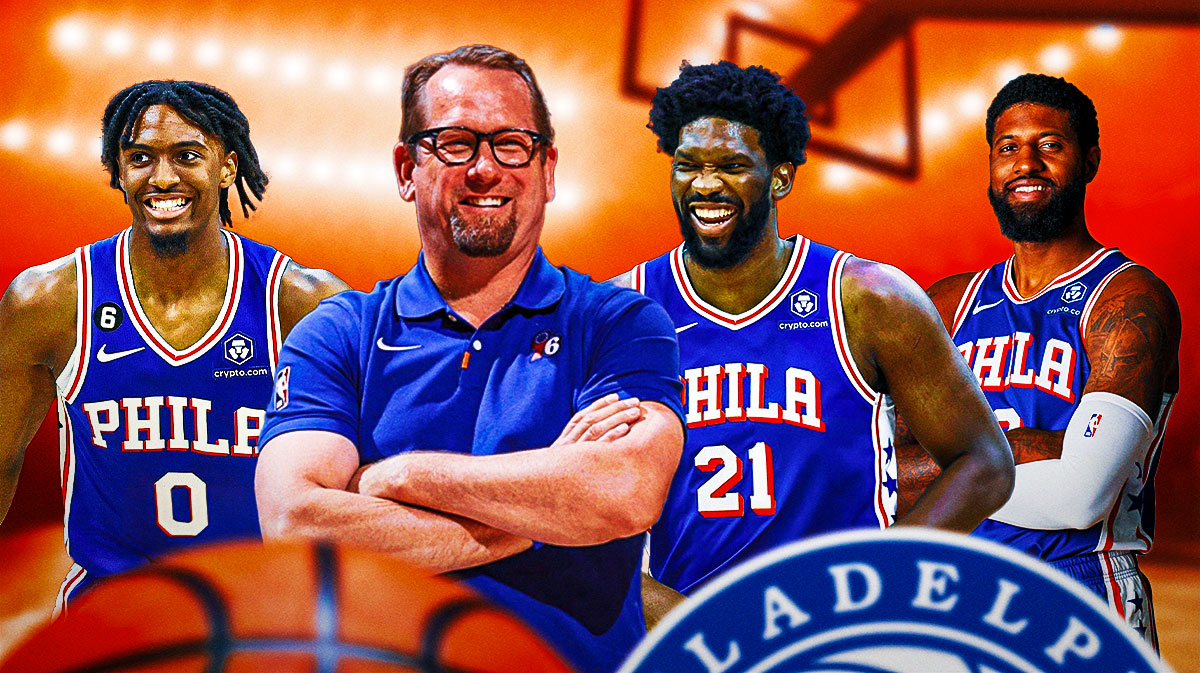 76ers' Tyrese Maxey, Nick Nurse, Joel Embiid and Paul George