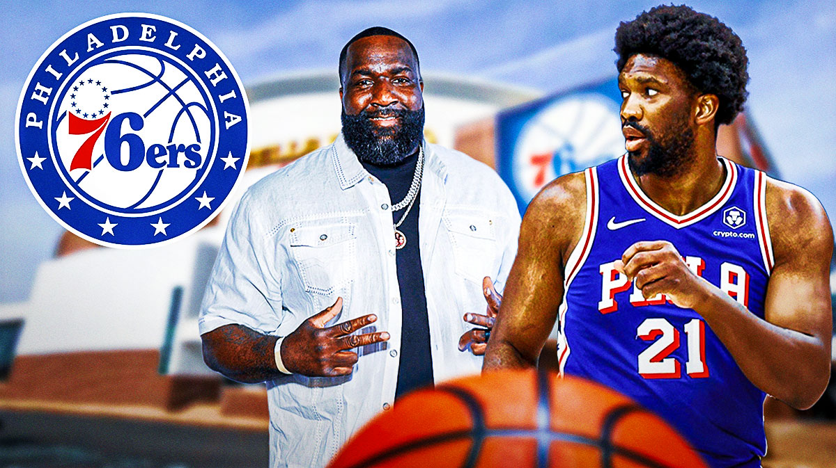 Kendrick Perkins (from 2022-24) next to 76ers center Joel Embiid & the Sixers Logo outside the Wells Fargo Center