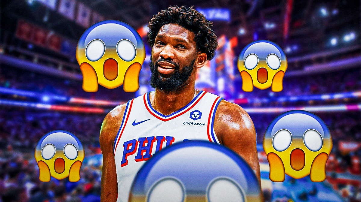 Joel Embiid with a bunch of shocked emojis in the background