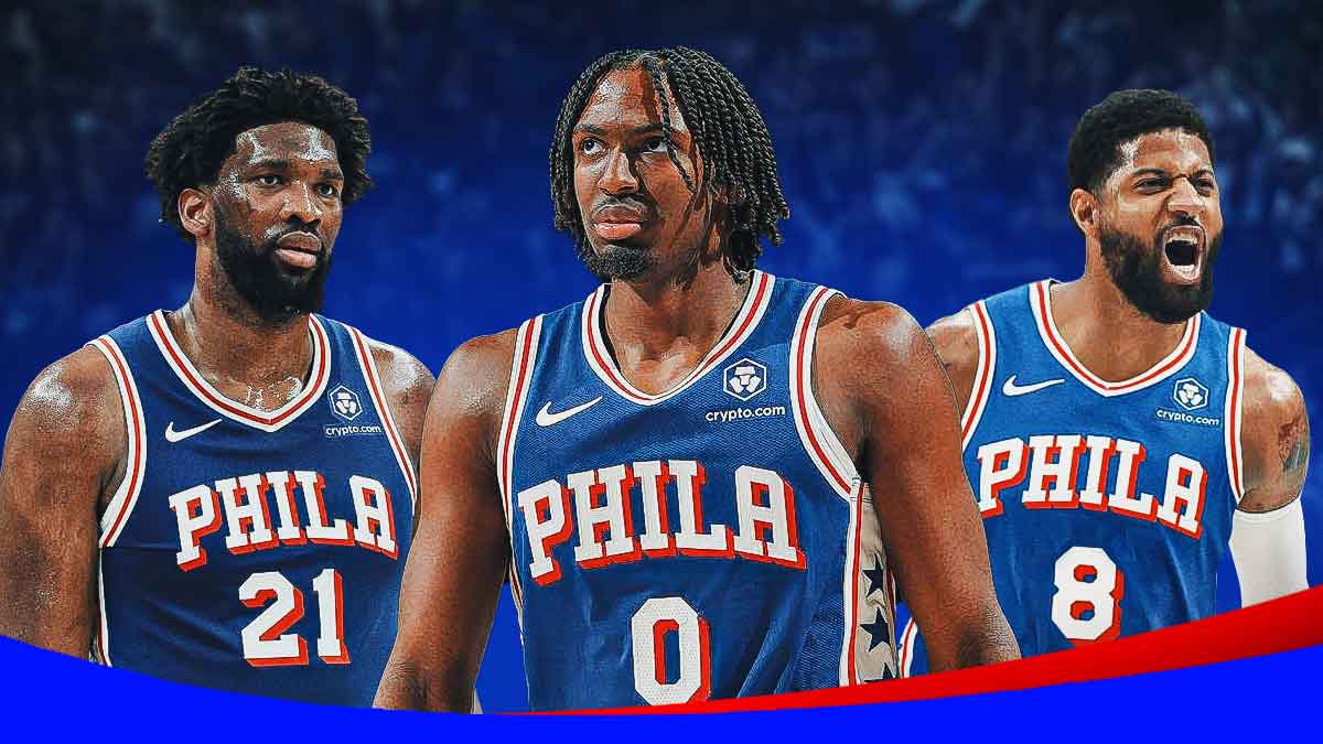 Joel Embiid and Tyrese Maxey looking surprised/shocked/confused in their Sixers jersey, with Paul George smiling on the side