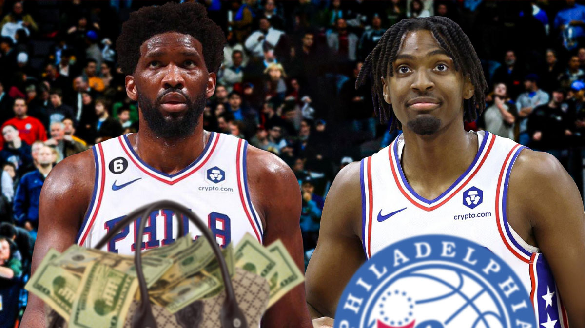 76ers All-Star Tyrese Maxey smiling next to 76ers superstar Joel Embiid and bags of money next to the 76ers logo