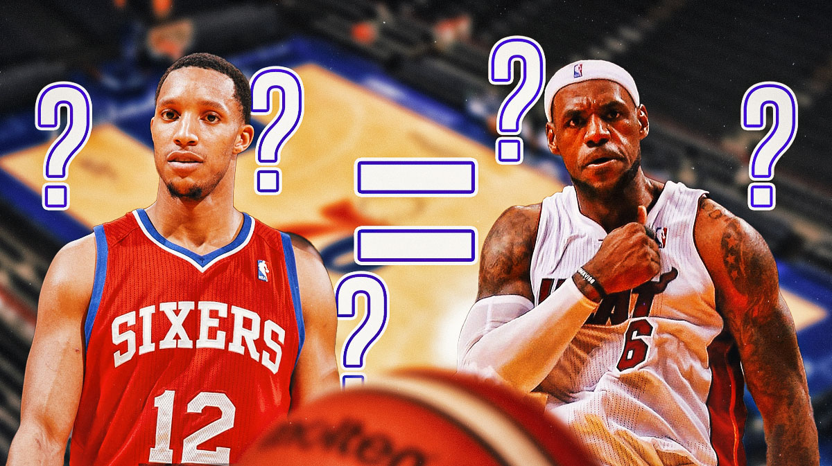 Evan Turner next to LeBron James with an equal sign next to them surrounded by question marks featuring a Sixers-themed BG.