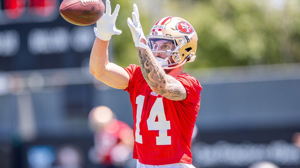 San Francisco 49ers wide receiver Ricky Pearsall (14) runs drills during the 49ers rookie minicamp at Levi’s Stadium in Santa Clara, CA.