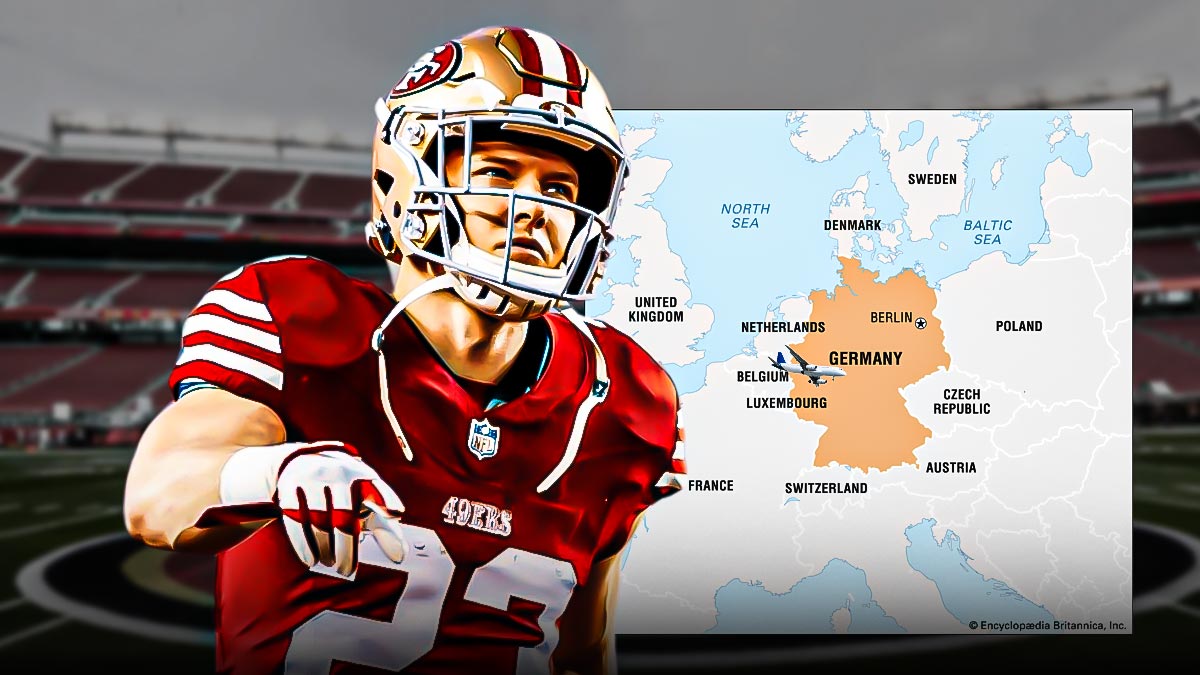 49ers' Christian McCaffrey next to an outline of Germany with a little plane landing on Germany