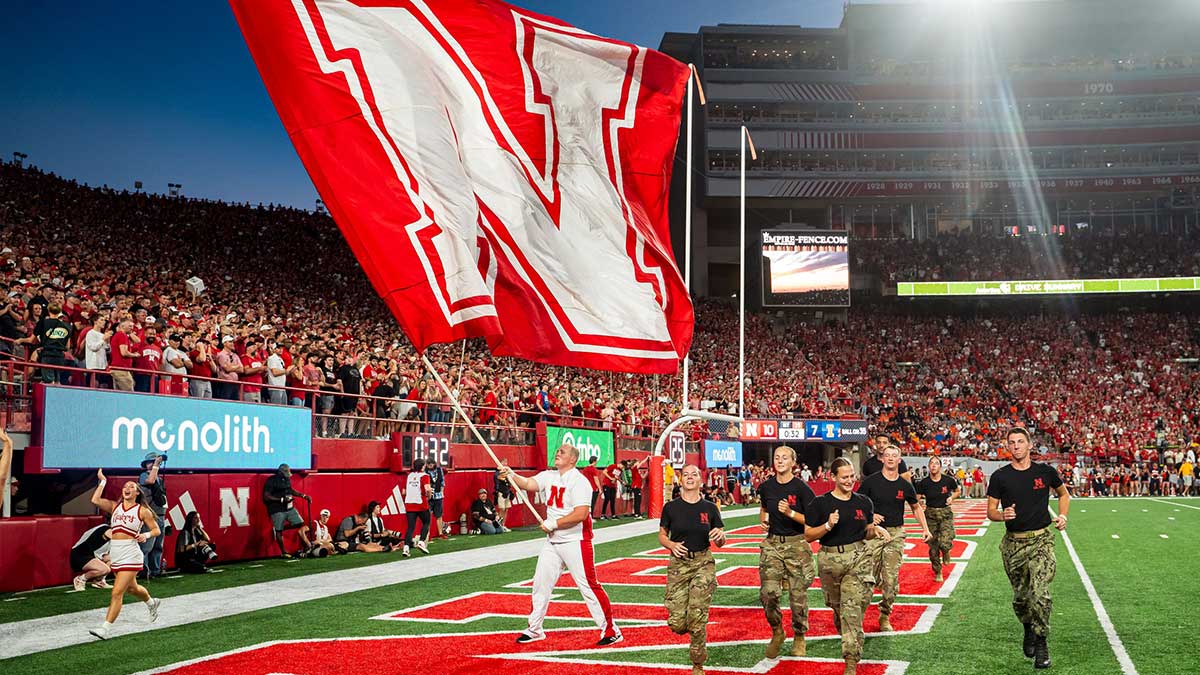A Nebraska Cornhuskers flag is waved after a touchdown against the Illinois Fighting Illini during the first quarter at Memorial Stadium