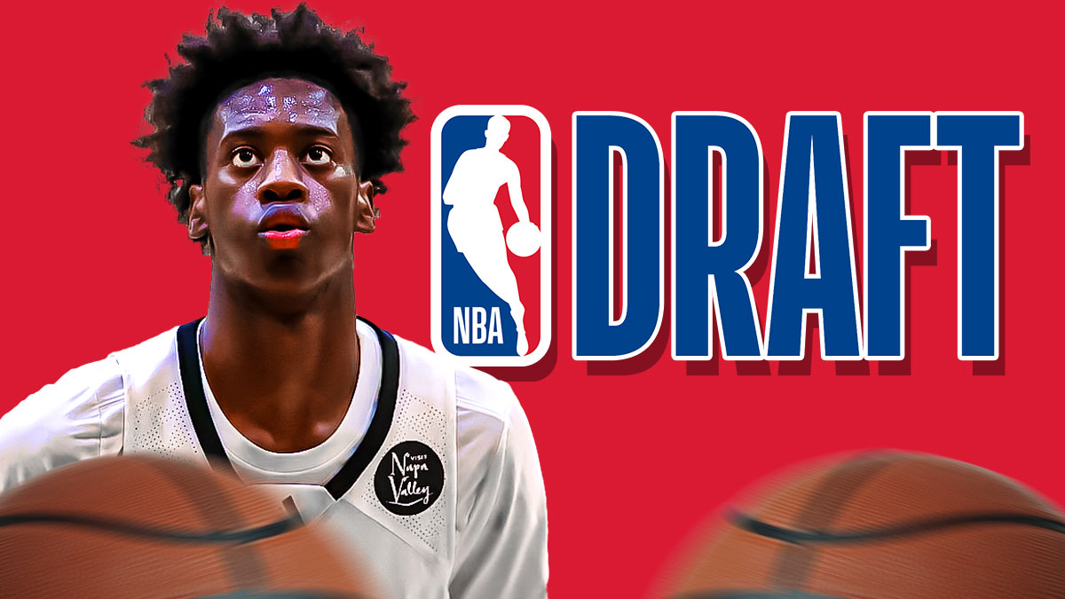AJ Dybantsa with NBA Draft logo in the background.