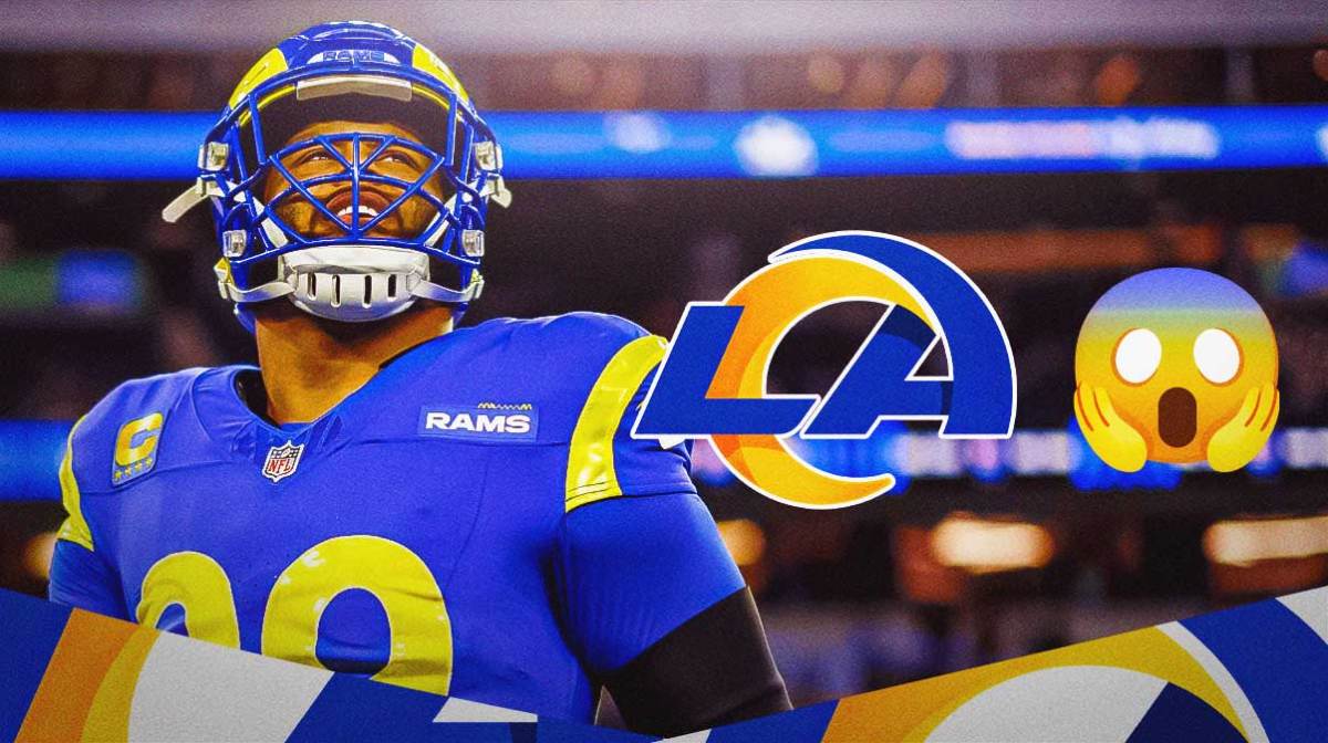 Former Rams Aaron Donald shocked with 😱 scared emojis next to a Rams logo