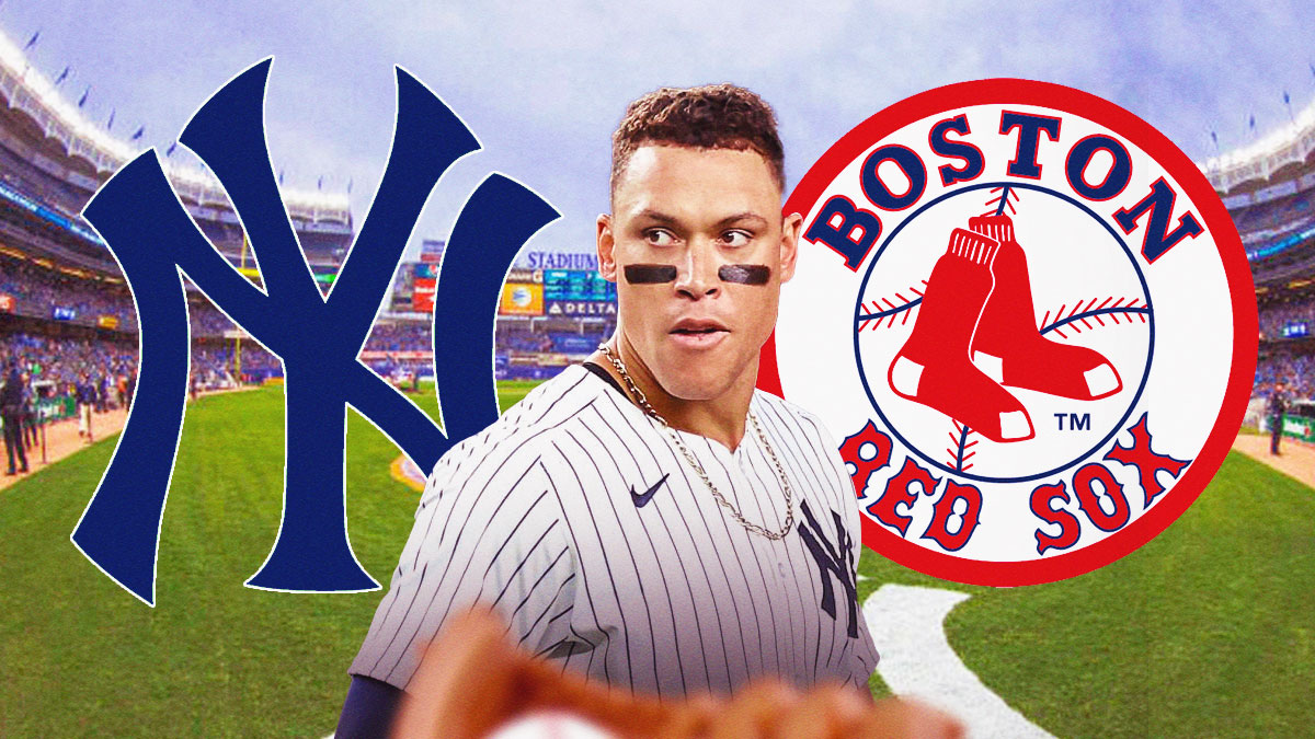 New York Yankees logo on left side, Yankees outfielder Aaron Judge in center, Boston Red Sox logo on right side, Yankee Stadium (home stadium of the New York Yankees) in background