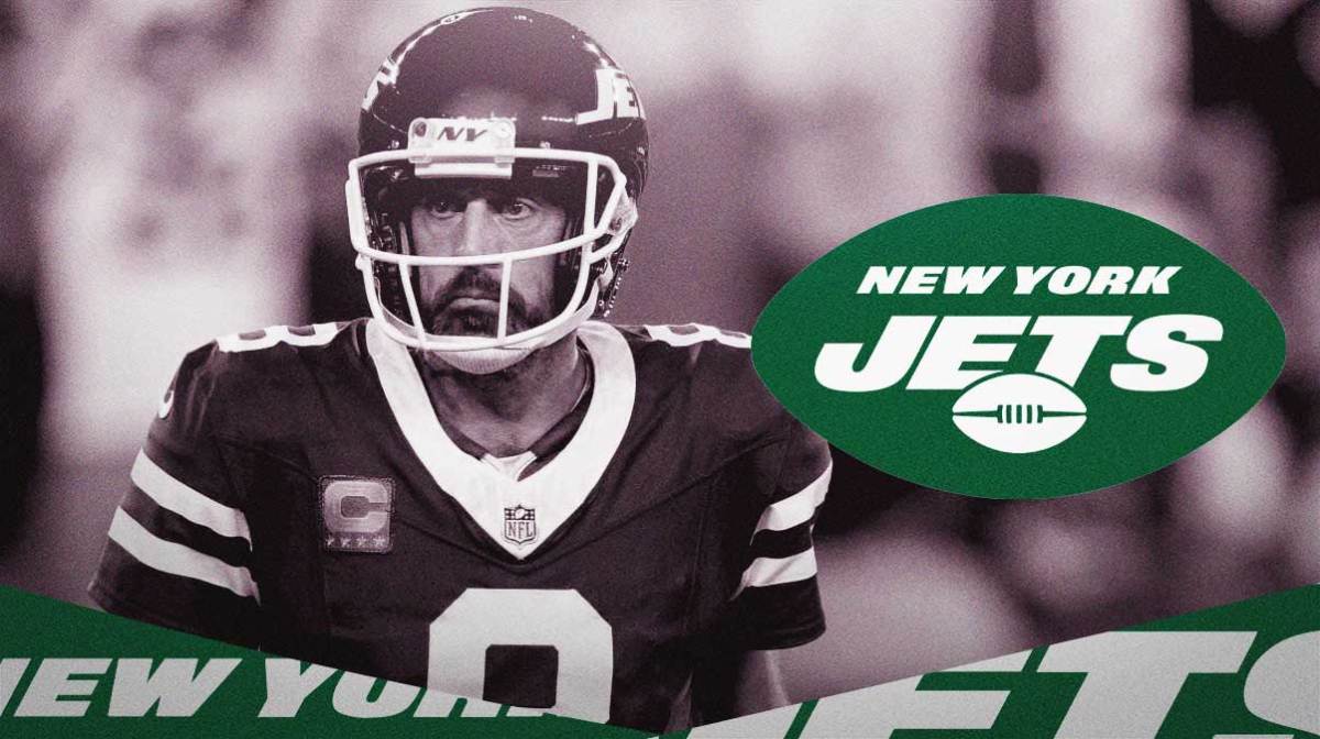 Jets' Aaron Rodgers greyed out looking sad next to Jets logo