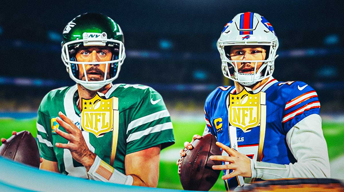 Jets' Aaron Rodgers and Bills' Josh Allen holding the NFL MVP trophy