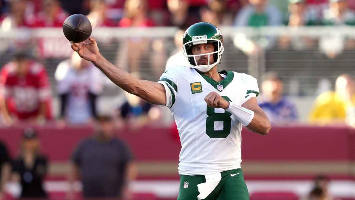 Sep 9, 2024; Santa Clara, California, USA; New York Jets quarterback Aaron Rodgers (8) throws a pass against the San Francisco 49ers during the first quarter at Levi's Stadium.