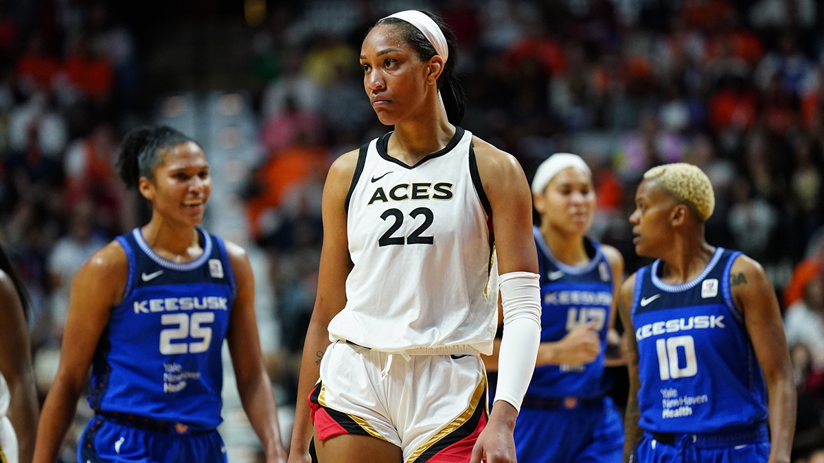 Las Vegas Aces forward A'ja Wilson (22) reacts after a play against the Connecticut Sun in the second half during game three of the 2022 WNBA Finals at Mohegan Sun Arena.