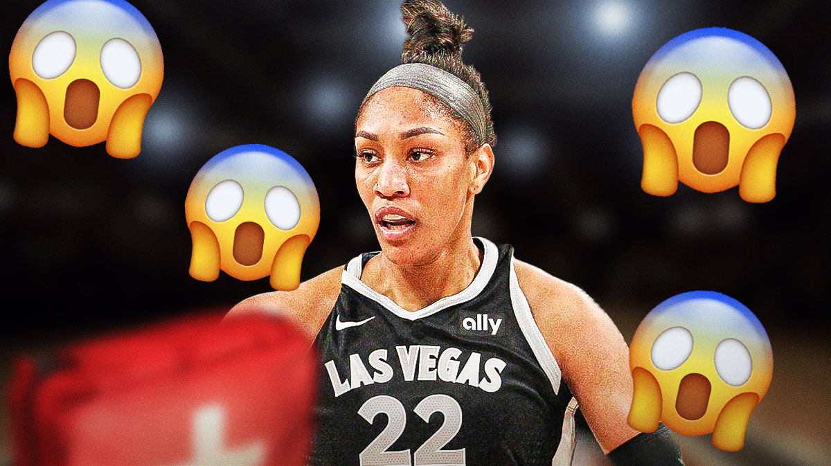 A'ja Wilson with an injury kit in front of her and a bunch of shocked emojis in the background